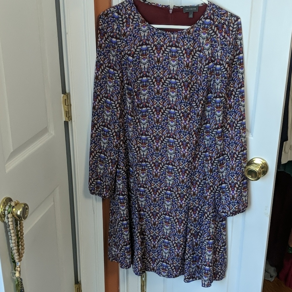 Purple, burgundy, orange print long sleeved dress